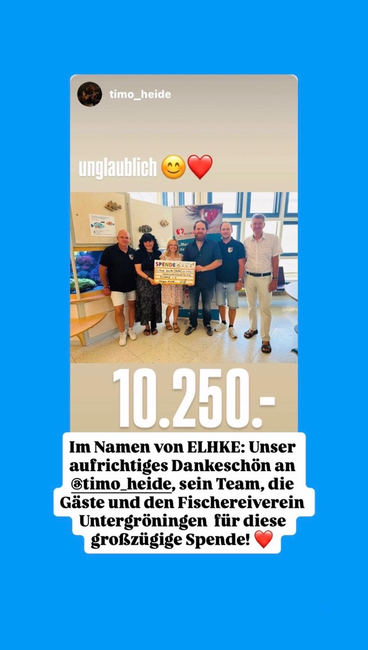 Screenshot eines Instagram-Status: Spendenübergabe durch Elektro Heide und den Fischereiverein Untergröningen